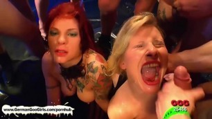 Redhead and Blonde Babes Lick each other and Share Cocks and Jizz