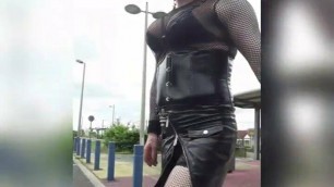 Tranny in slutty outfit at the train station